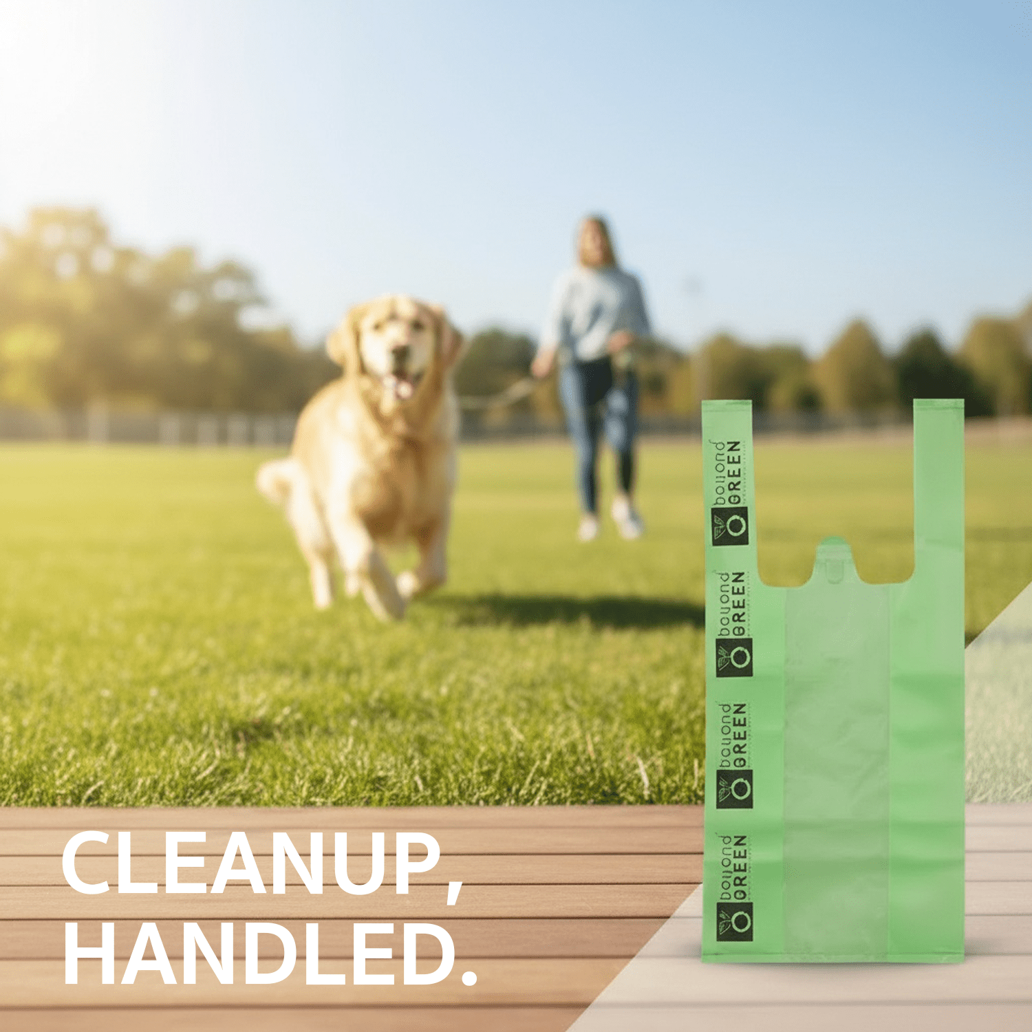 Green Dog Waste Bags – 8" x 16" with 5" Gusset &amp; Handles – Made in USA