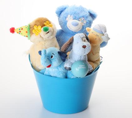 Happy Birthday SQUEAKY Dog &amp; Puppy Plush Toys Gift Basket / Blue Toys