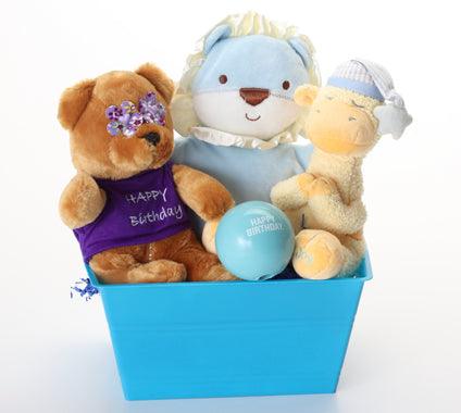Happy Birthday SQUEAKY Dog &amp; Puppy Plush Toys Gift Basket / Blue Toys