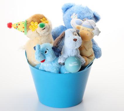 Happy Birthday SQUEAKY Dog &amp; Puppy Plush Toys Gift Basket / Blue Toys