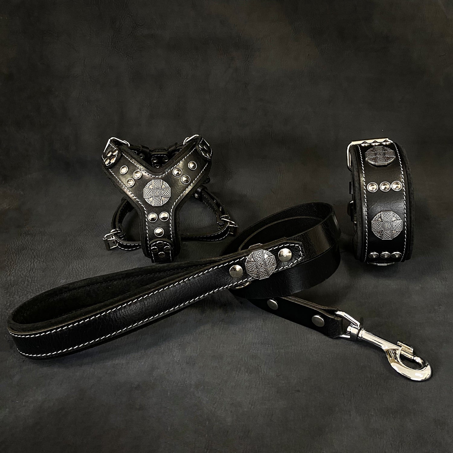 "Maximus Black&amp;Silver" Small dog SET - Harness - collar - lead