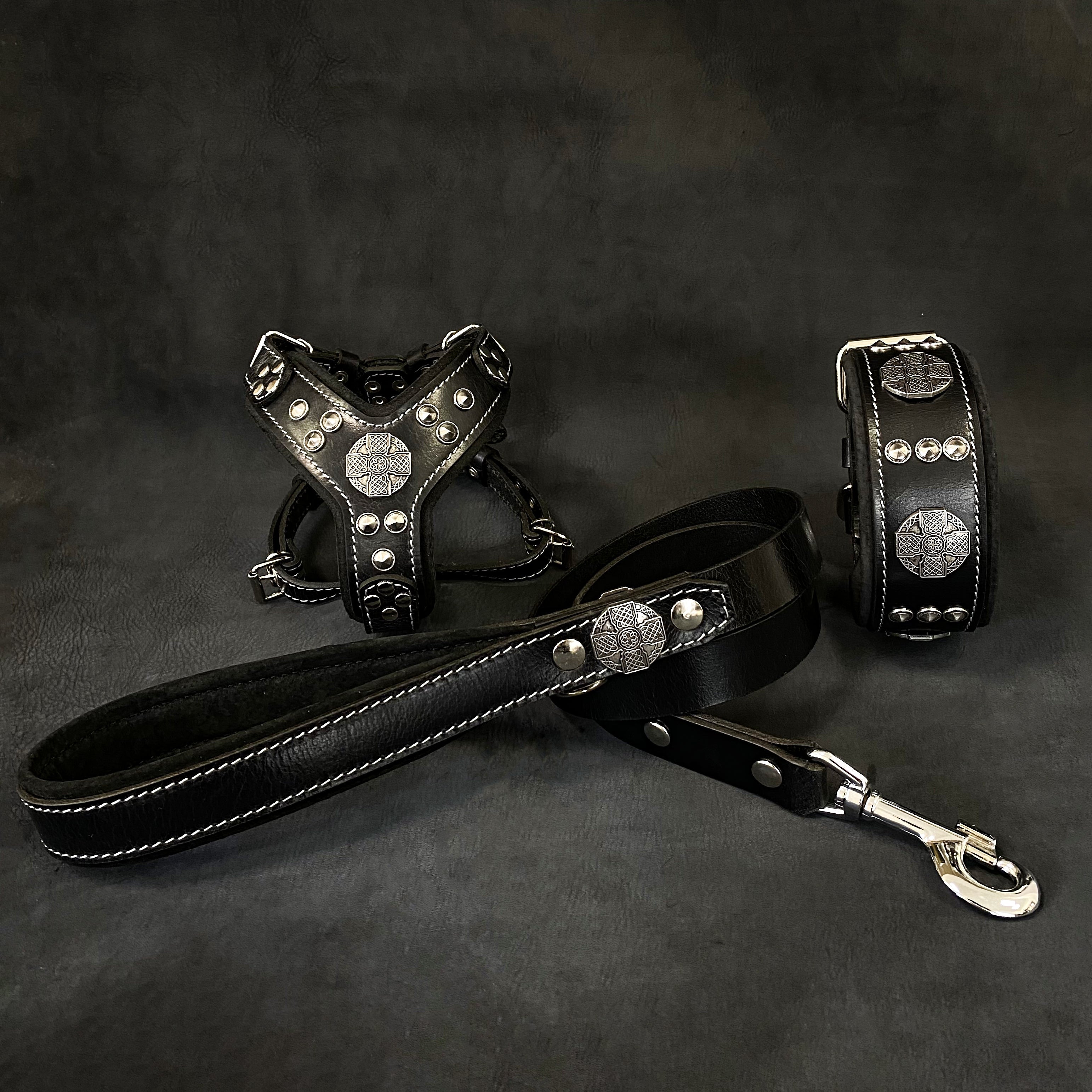 "Maximus Black&amp;Silver" Small dog SET - Harness - collar - lead