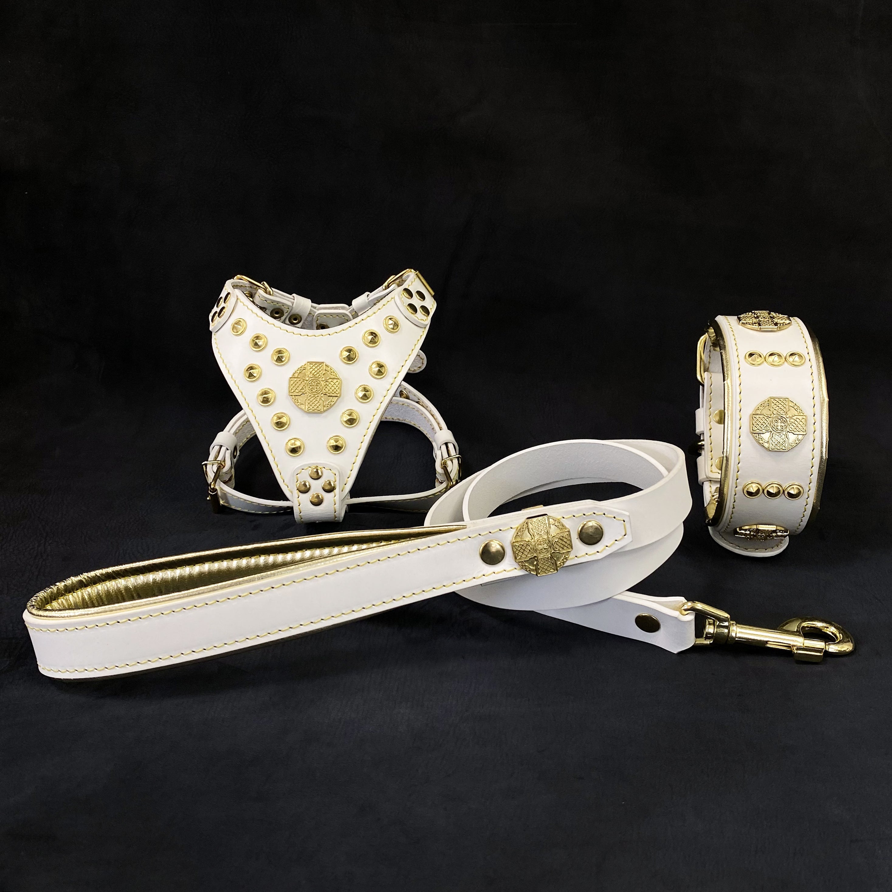 "Maximus White&amp;Gold" Small dog SET - Harness - collar - lead