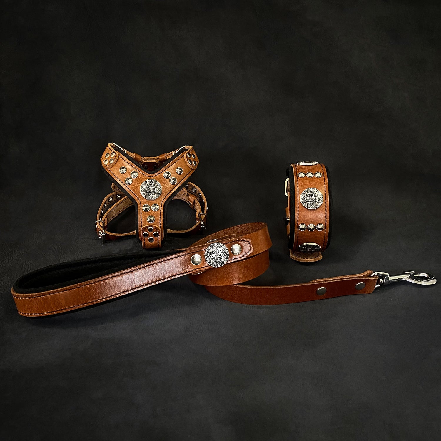 "Maximus Brown&amp;Silver" Small dog SET - Harness - collar - lead