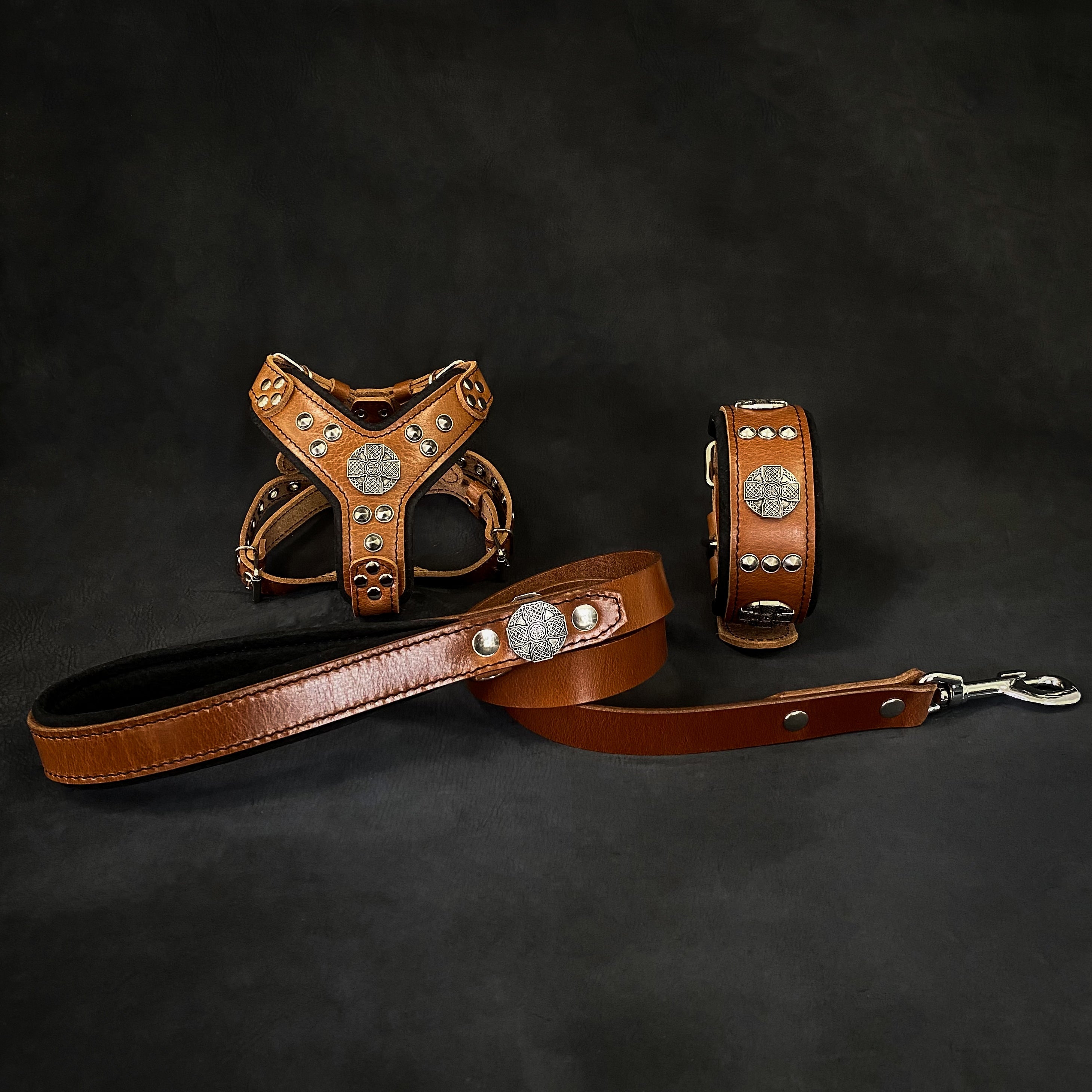 "Maximus Brown&amp;Silver" Small dog SET - Harness - collar - lead