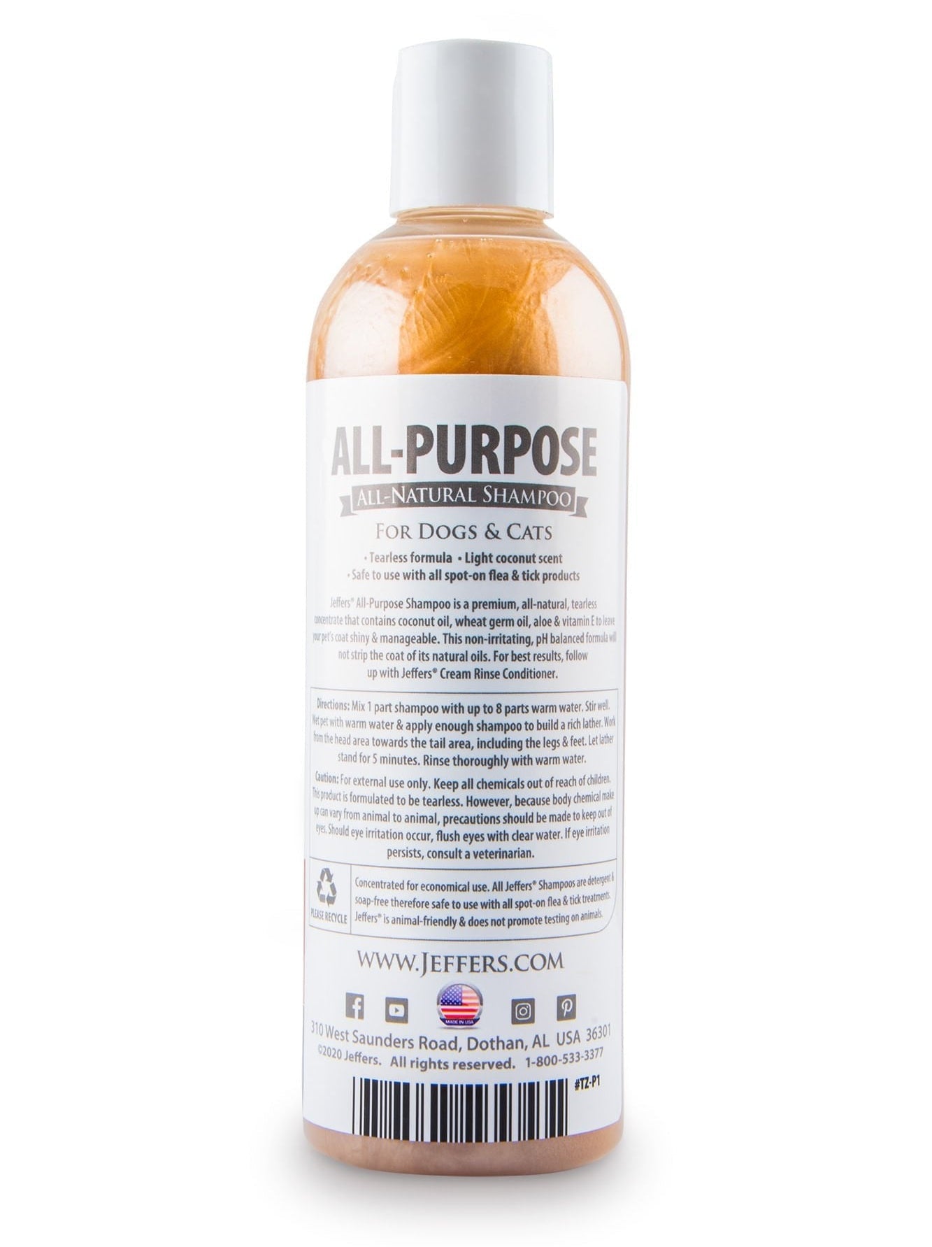 Jeffers Pet Tearless All-Purpose All-Natural Coconut Oil Shampoo for Dogs &amp; Cats