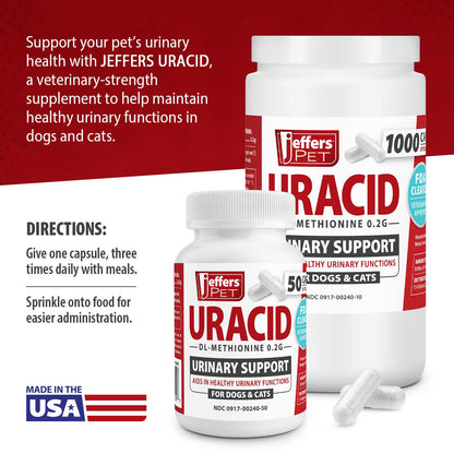Jeffers Uracid DL-Methionine 0.2g Capsules for Dogs &amp; Cats – Supports Urinary Tract, Reduces Urine Odor, Prevents Stones