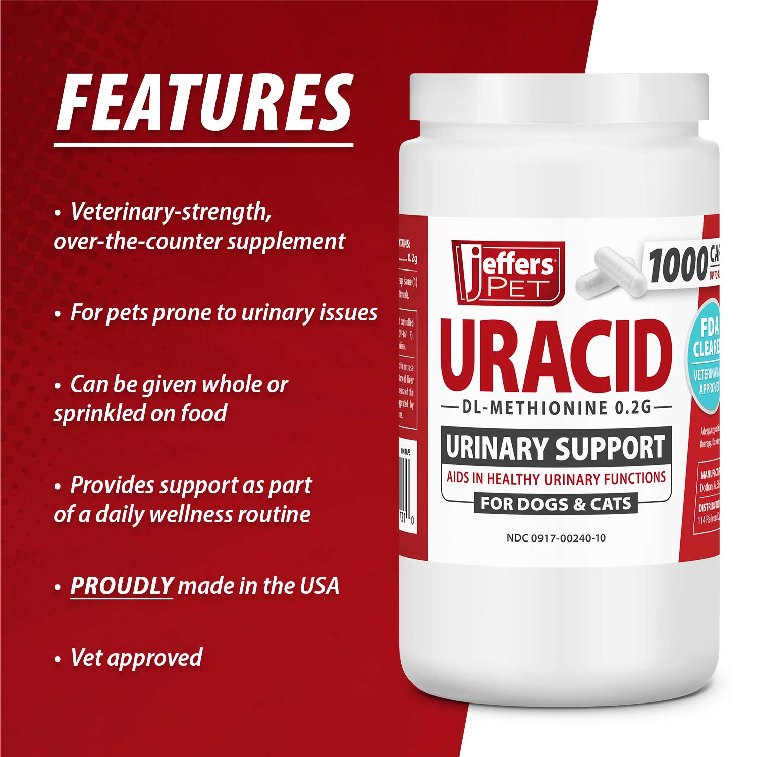 Jeffers Uracid DL-Methionine 0.2g Capsules for Dogs &amp; Cats – Supports Urinary Tract, Reduces Urine Odor, Prevents Stones