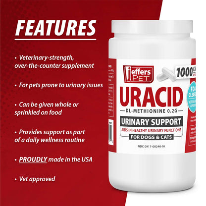 Jeffers Uracid DL-Methionine 0.2g Capsules for Dogs &amp; Cats – Supports Urinary Tract, Reduces Urine Odor, Prevents Stones