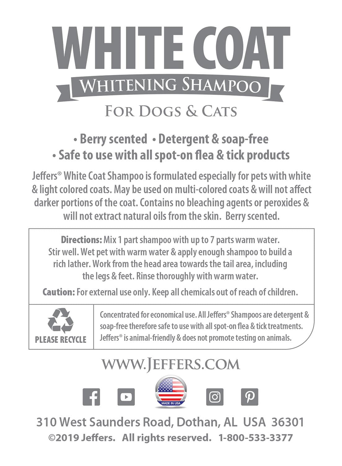 Jeffers Pet White Coat Whitening Dog &amp; Cat Shampoo
