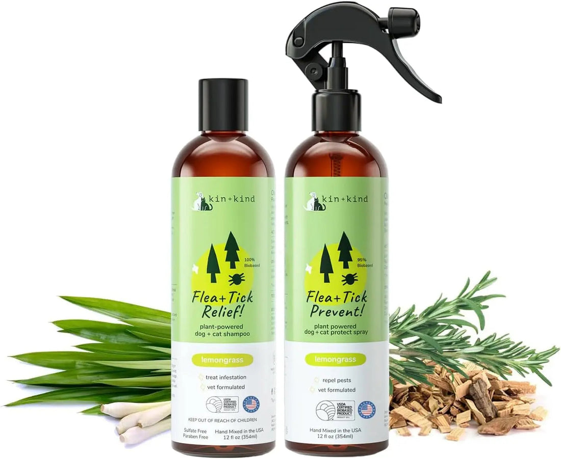 kin+kind Flea &amp; Tick Shampoo &amp; Spray Kit for Dogs &amp; Cats – Plant-Based