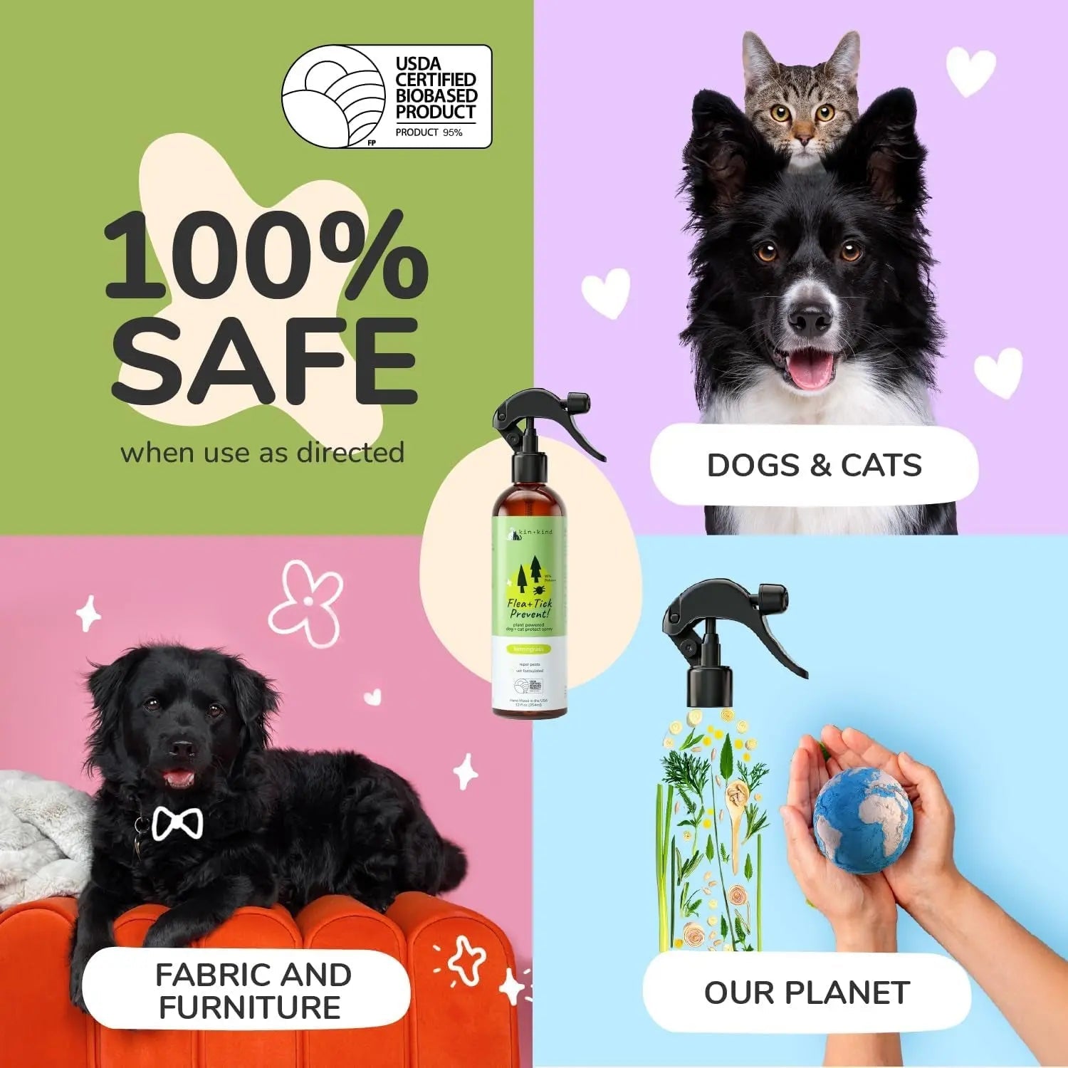 kin+kind Flea &amp; Tick Shampoo &amp; Spray Kit for Dogs &amp; Cats – Plant-Based