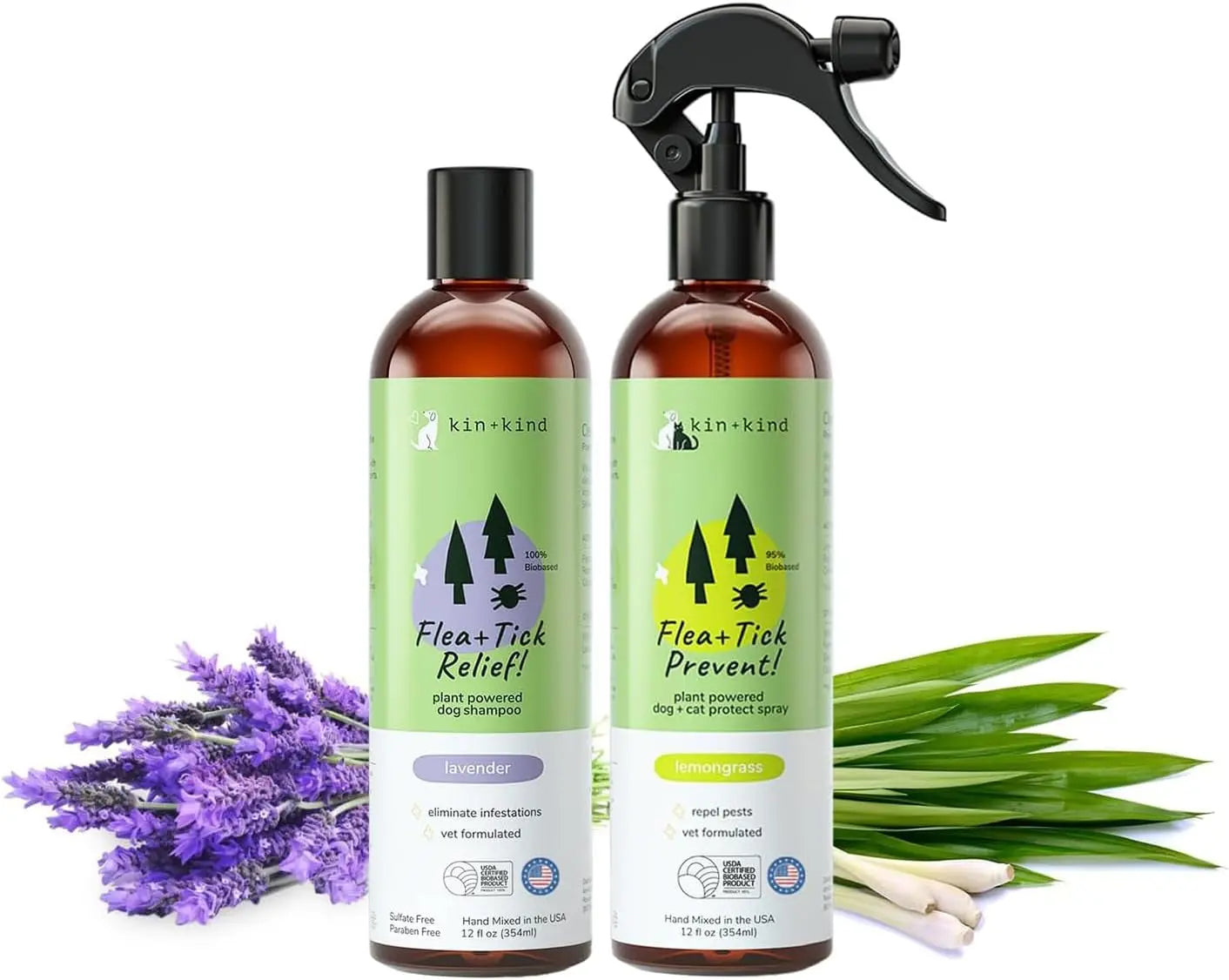 kin+kind Flea &amp; Tick Shampoo &amp; Spray Kit for Dogs &amp; Cats – Plant-Based