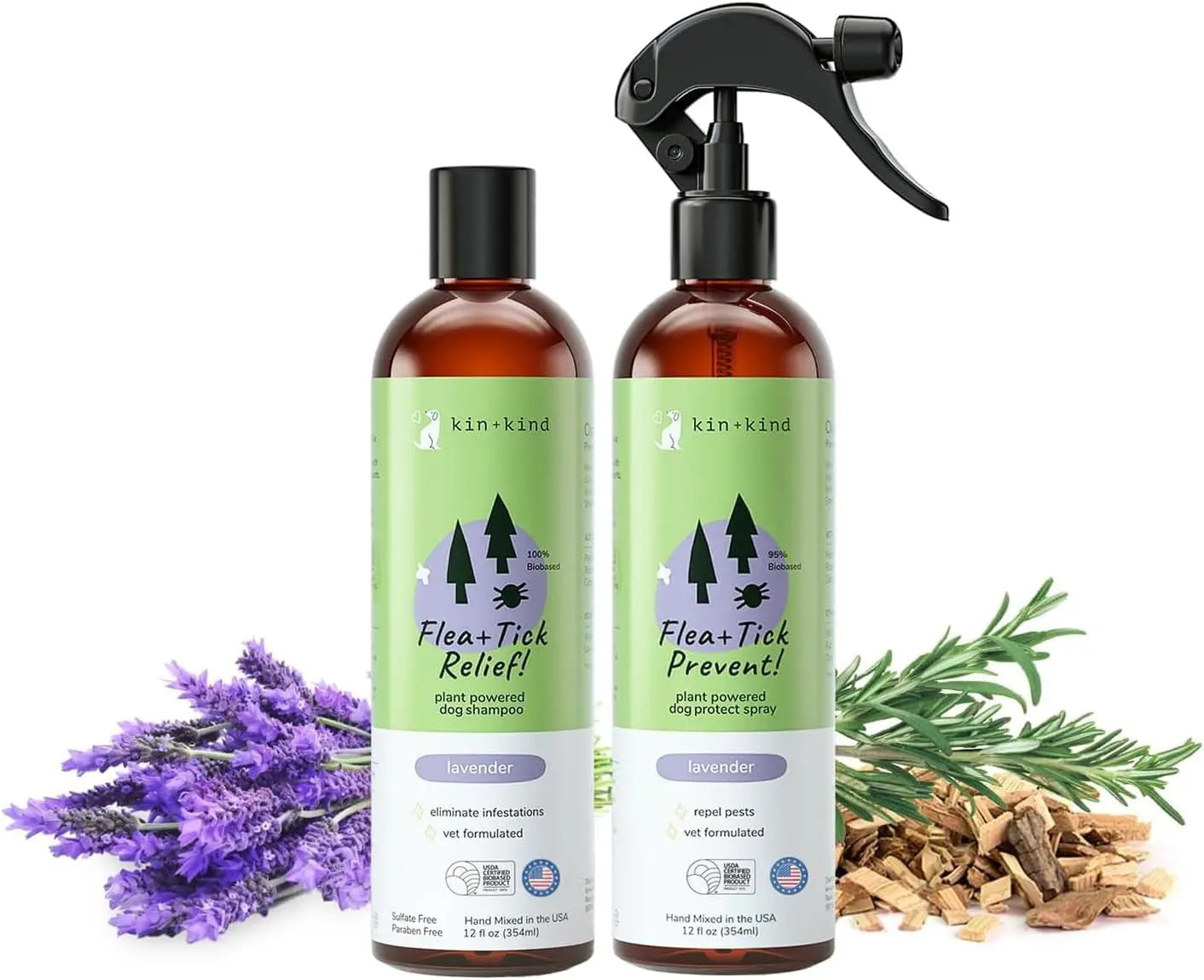 kin+kind Flea &amp; Tick Shampoo &amp; Spray Kit for Dogs &amp; Cats – Plant-Based