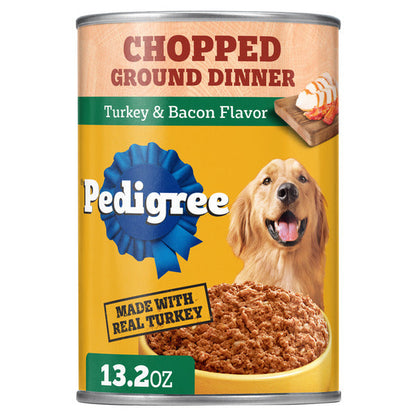 Pedigree Chopped Ground Dinner Adult Soft Wet Dog Food Turkey &amp; Bacon Flavor, (12) 13.2 oz. Cans