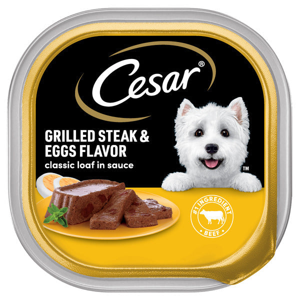Cesar Loaf in Sauce Adult Wet Dog Food Grilled Steak &amp; Eggs Flavor, 3.5 oz. Tray