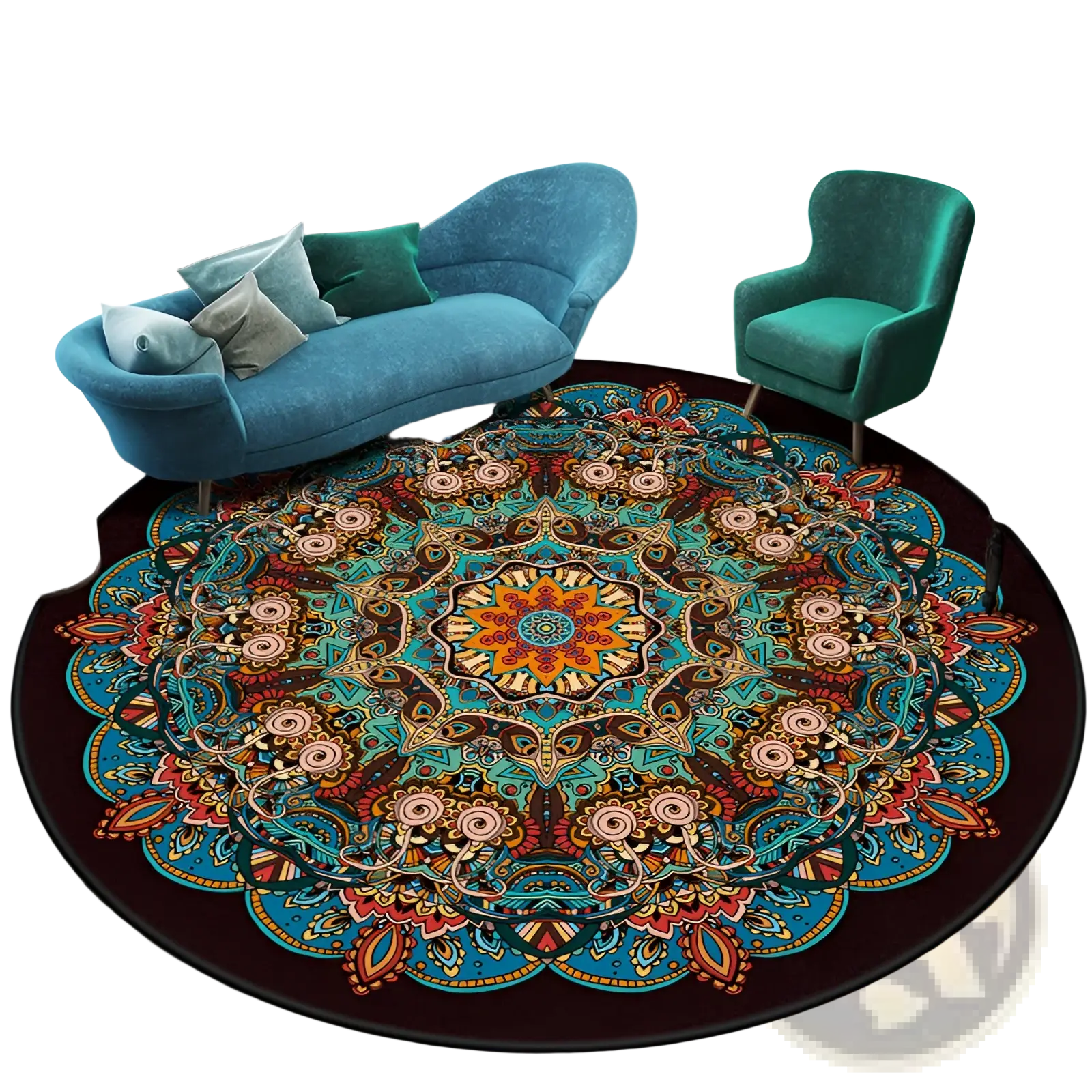 Mandala Round Rug Vibrant Geometric Polyester Carpet