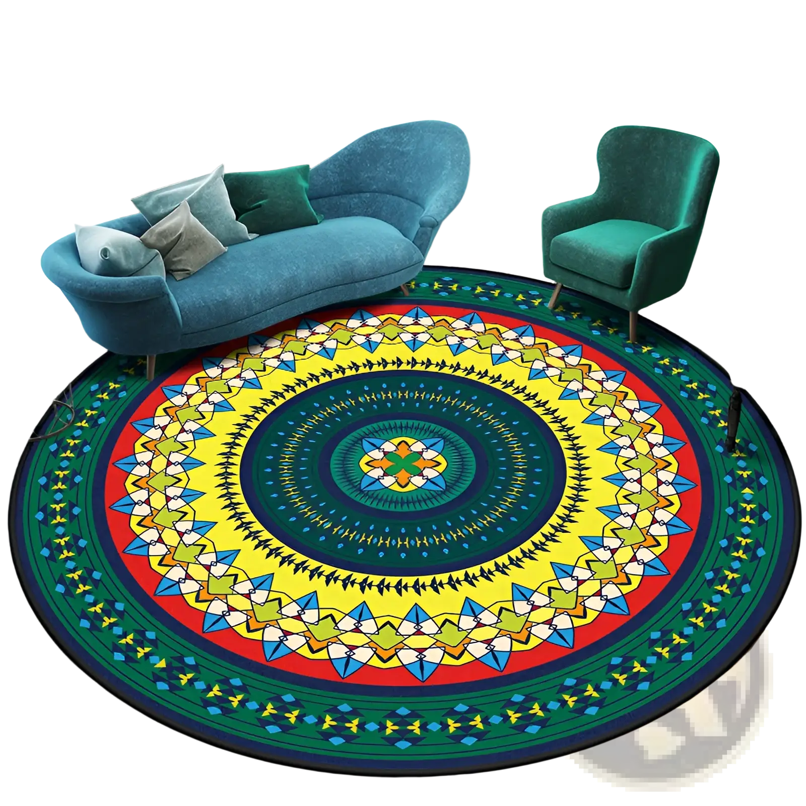 Mandala Round Rug Vibrant Geometric Polyester Carpet