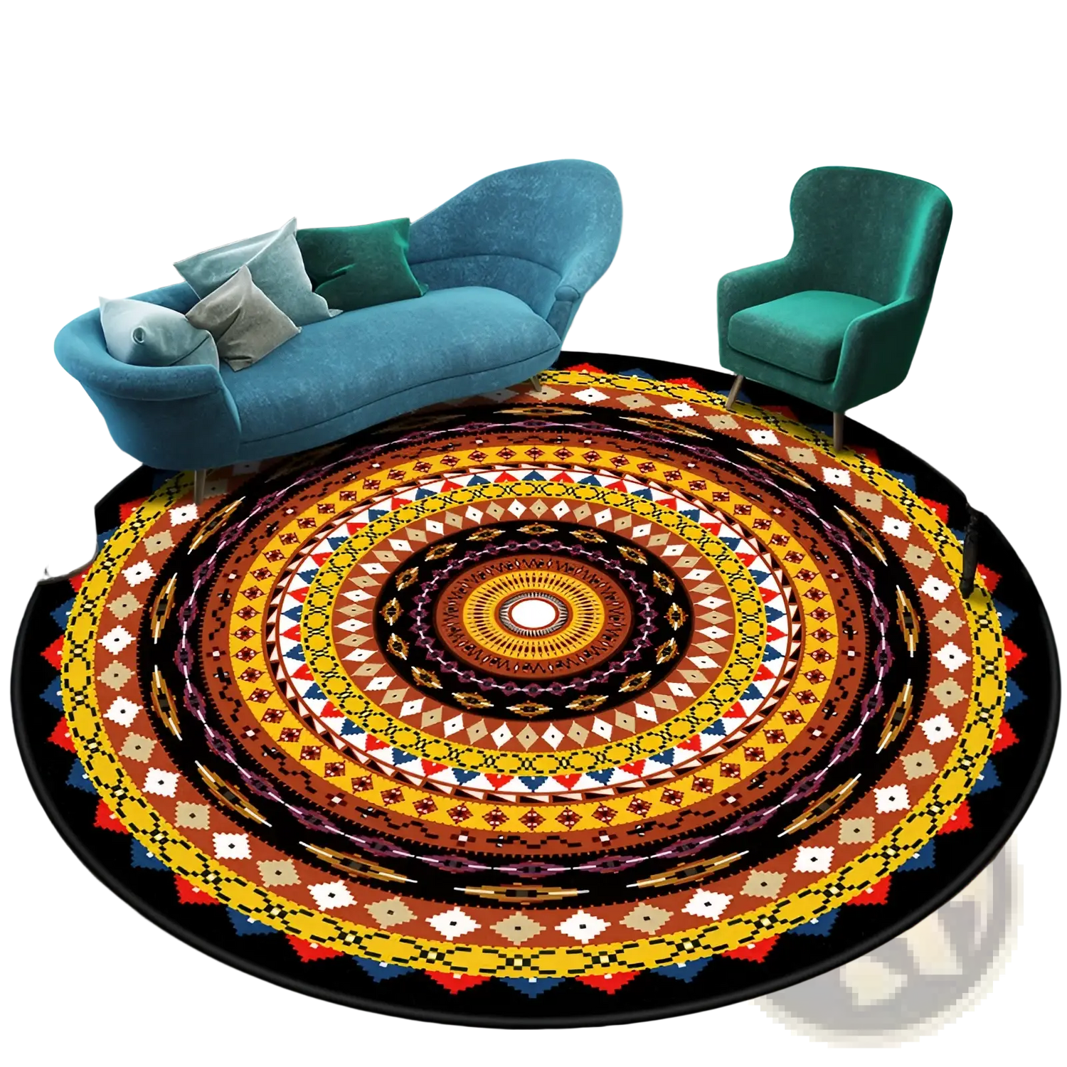 Mandala Round Rug Vibrant Geometric Polyester Carpet