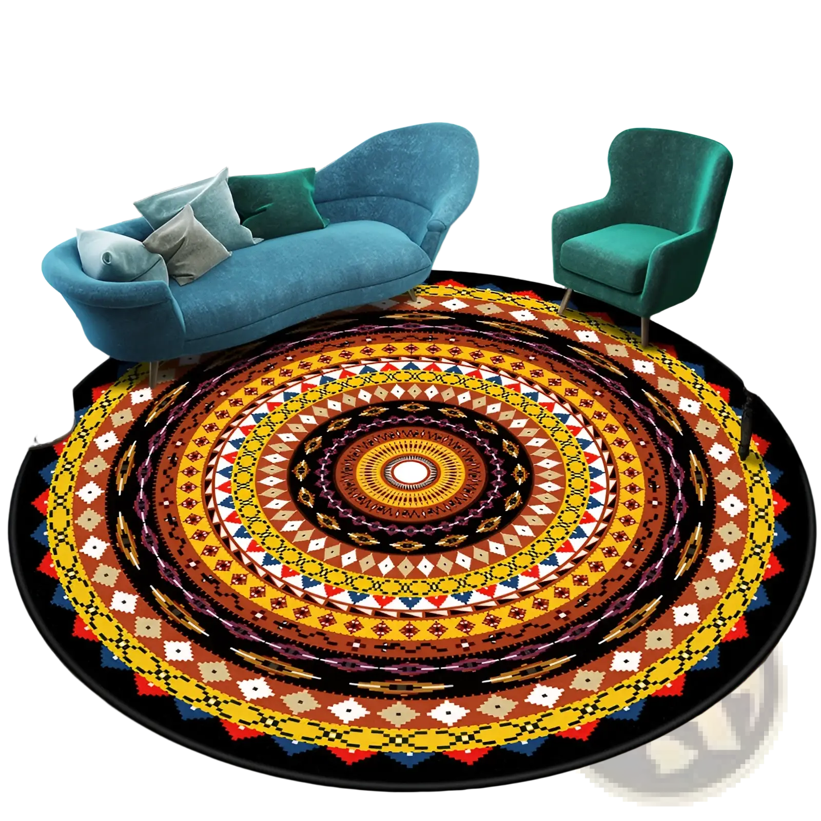 Mandala Round Rug Vibrant Geometric Polyester Carpet