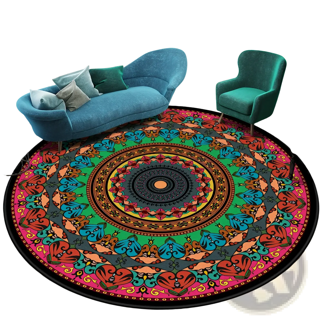 Mandala Round Rug Vibrant Geometric Polyester Carpet