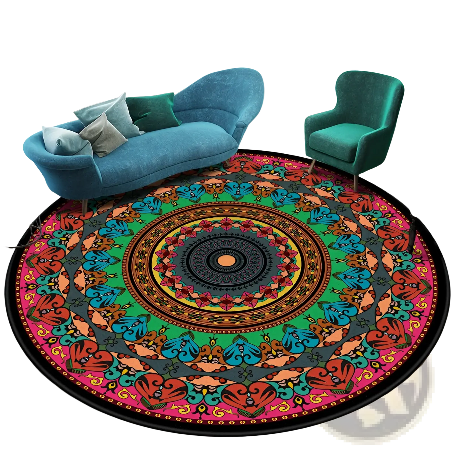 Mandala Round Rug Vibrant Geometric Polyester Carpet