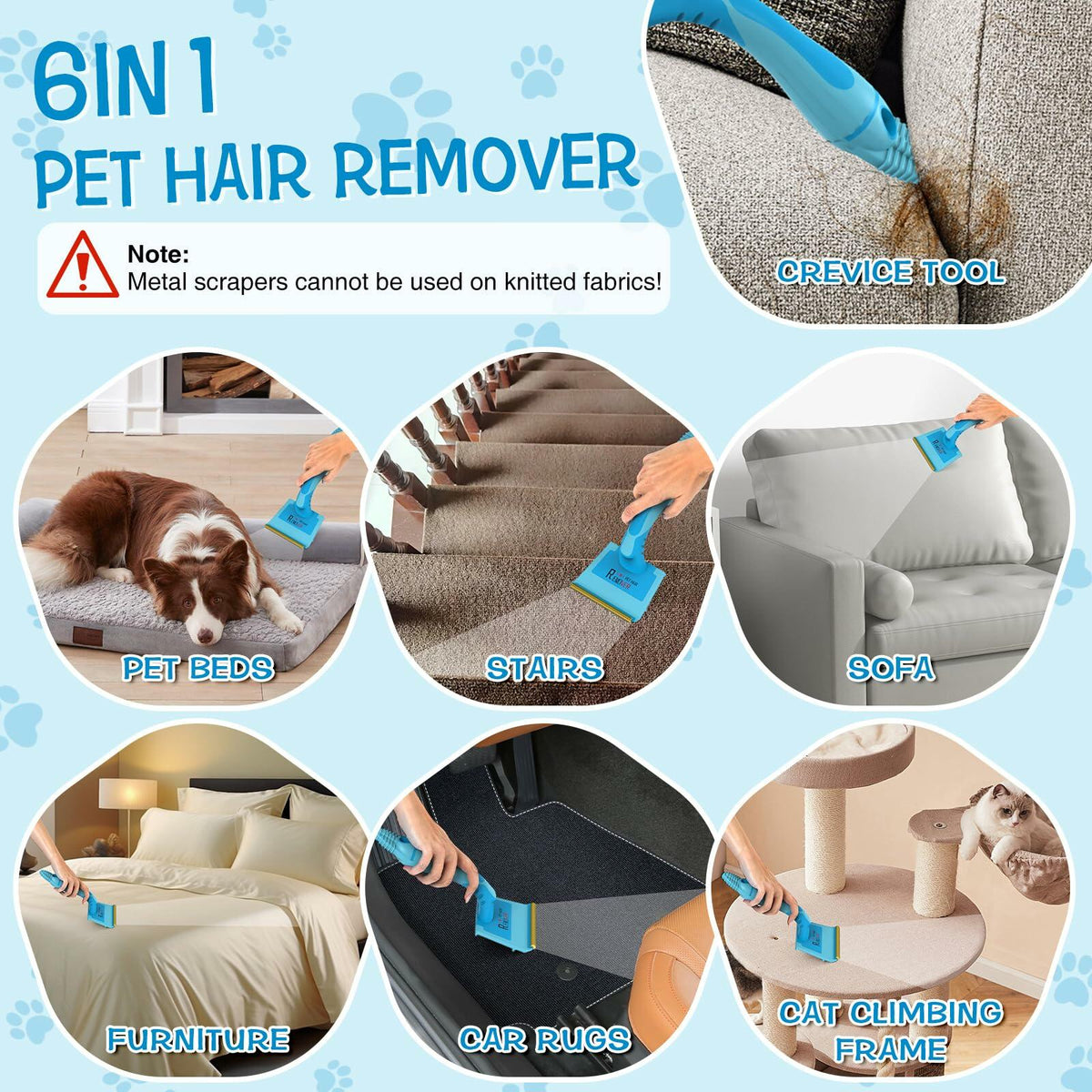 LVHATN 6 IN1 Pet Hair Remover Tool for Car Rug Couch Furniture 8.27in