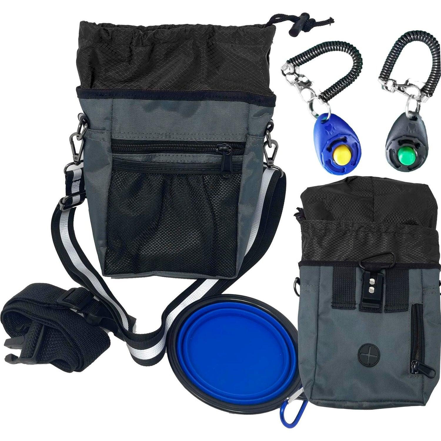 Jalousie Dog Training Pouch with Clicker &amp; Water Bowl 5 Ways to Wear Grey