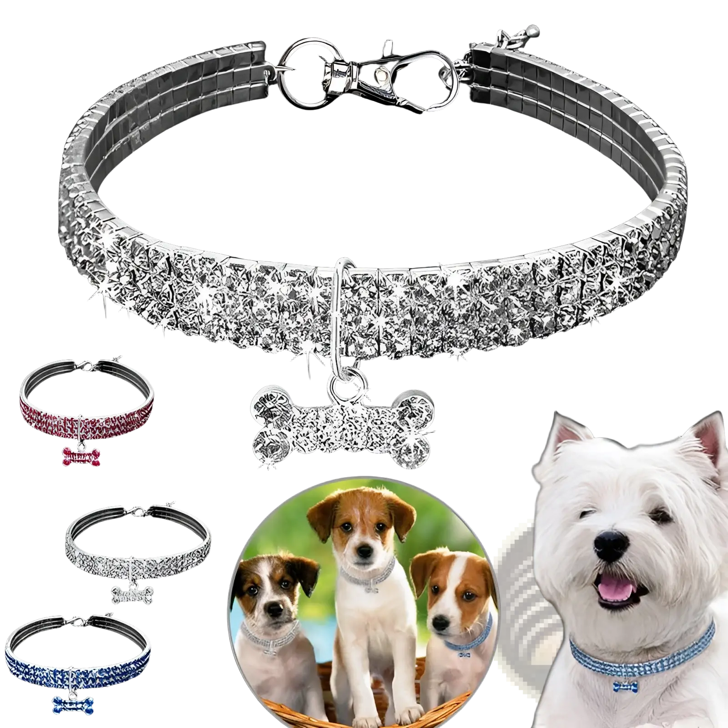 Rhinestone Dog Collar with Crystal Bone Charm