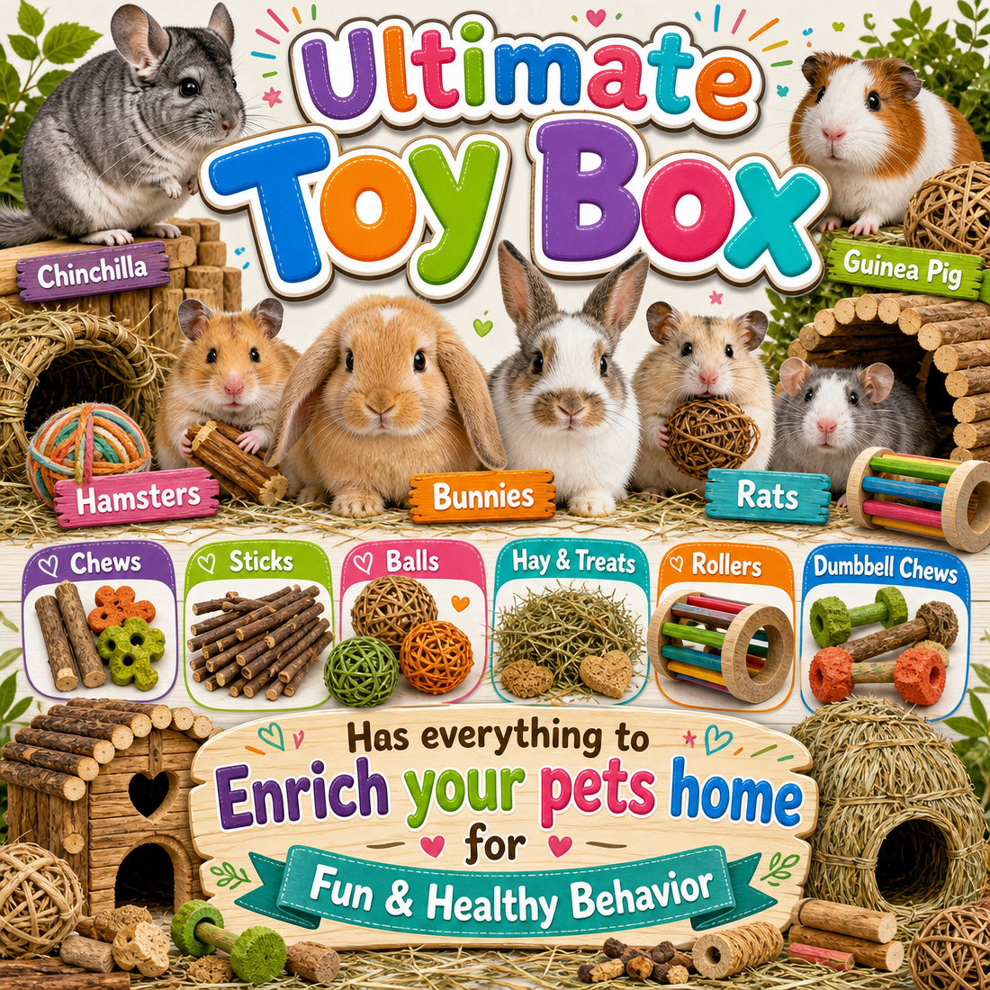 Ultimate Toy Box for Your Chinchilla, Rabbit, Guinea Pig or Rat &amp; More Color or Natural