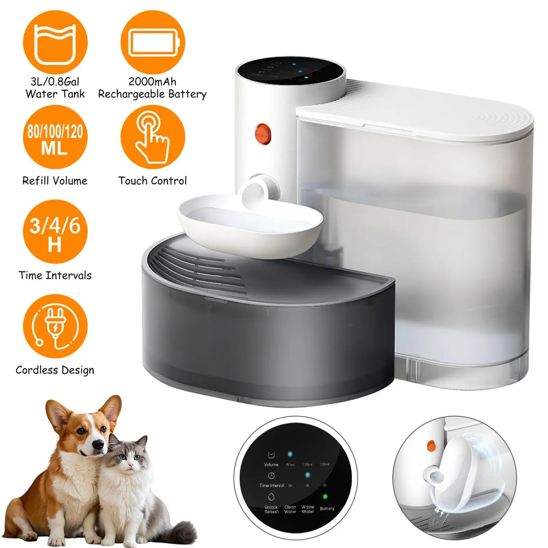 Smart Pet Water Fountain 3l Cordless Rechargeable Bowl