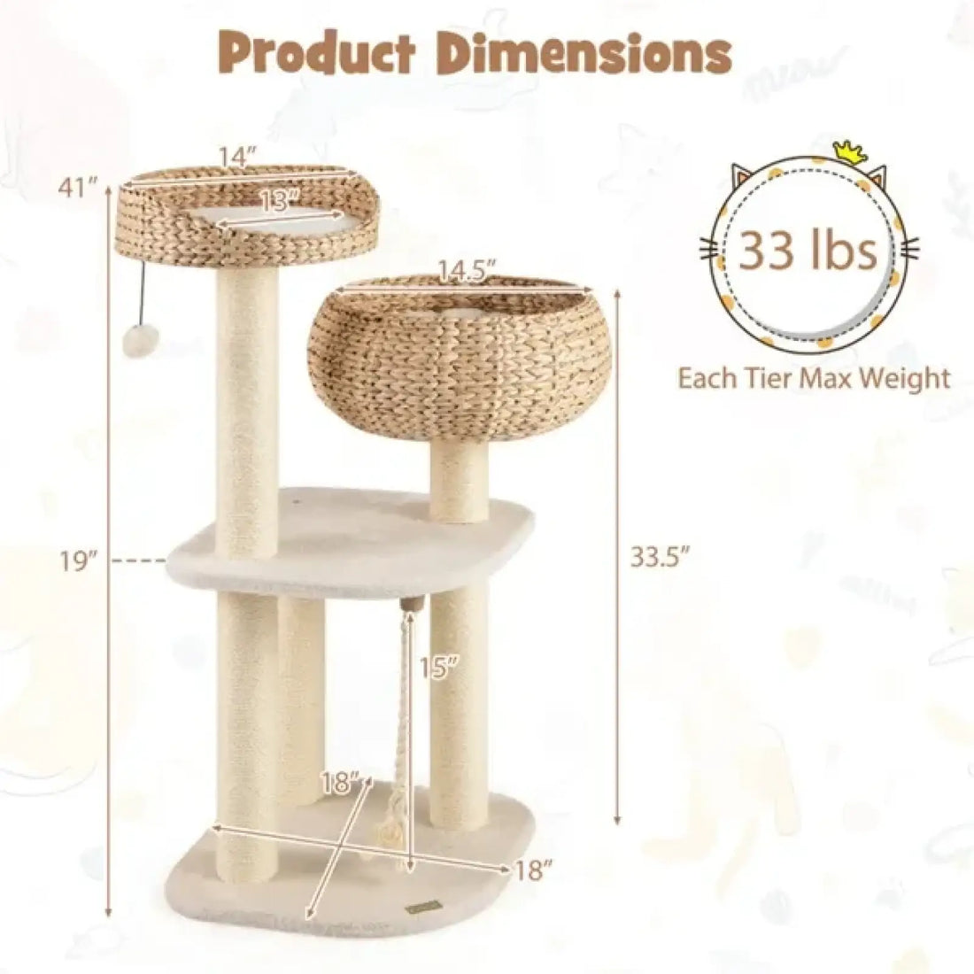 Water Hyacinth Cat Tree 41 Inch Sisal Scratching Post