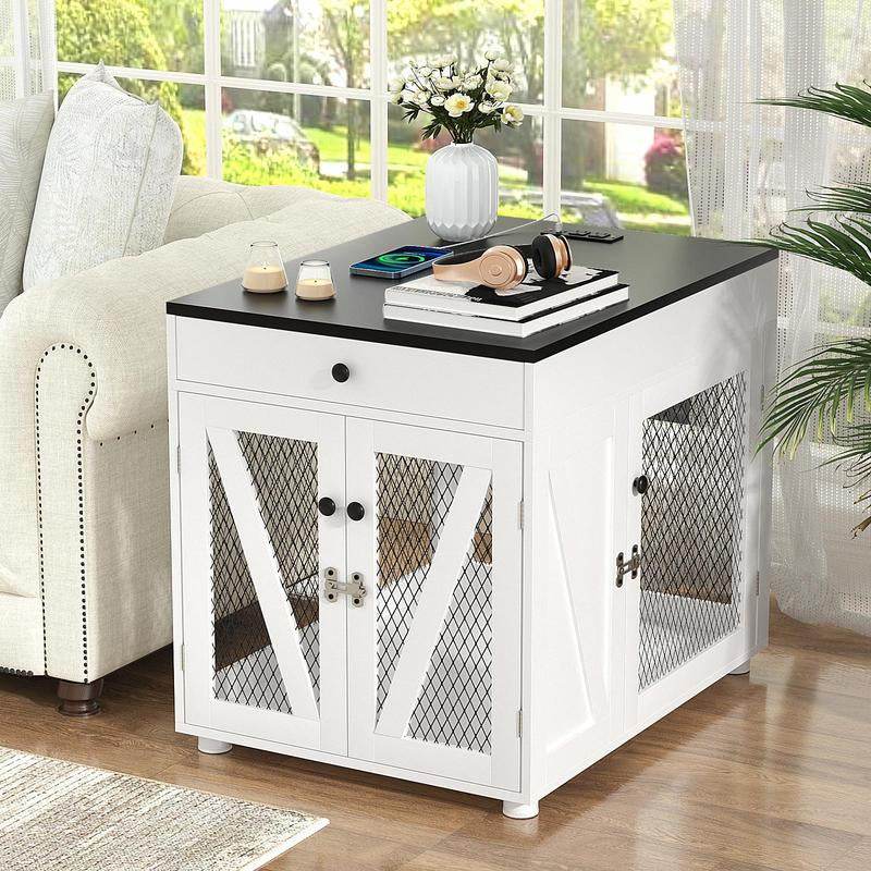 Dog Crate End Table Furniture with Drawer &amp; USB Charging | Wooden Dog Kennel for Medium Dogs
