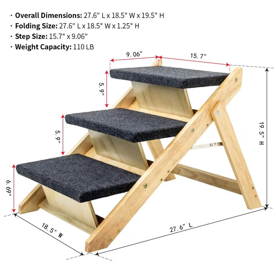 Wood Pet Stairs Foldable 3 Level Dog Ramp 110lb Capacity