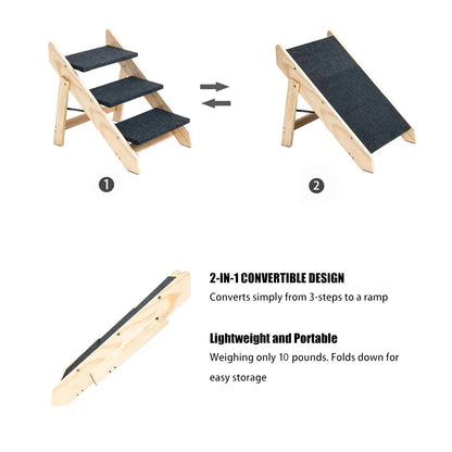 Wood Pet Stairs Foldable 3 Level Dog Ramp 110lb Capacity
